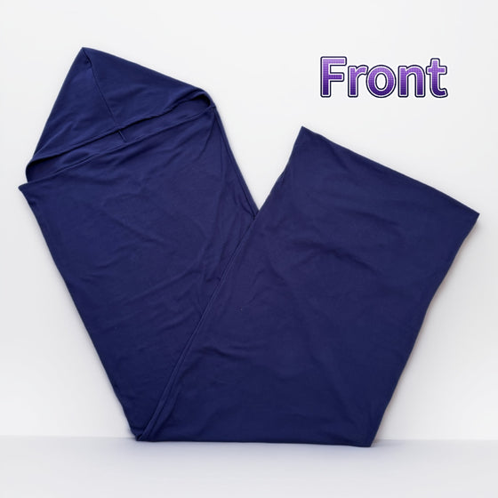 Navy sleeping bag laid flat, front view