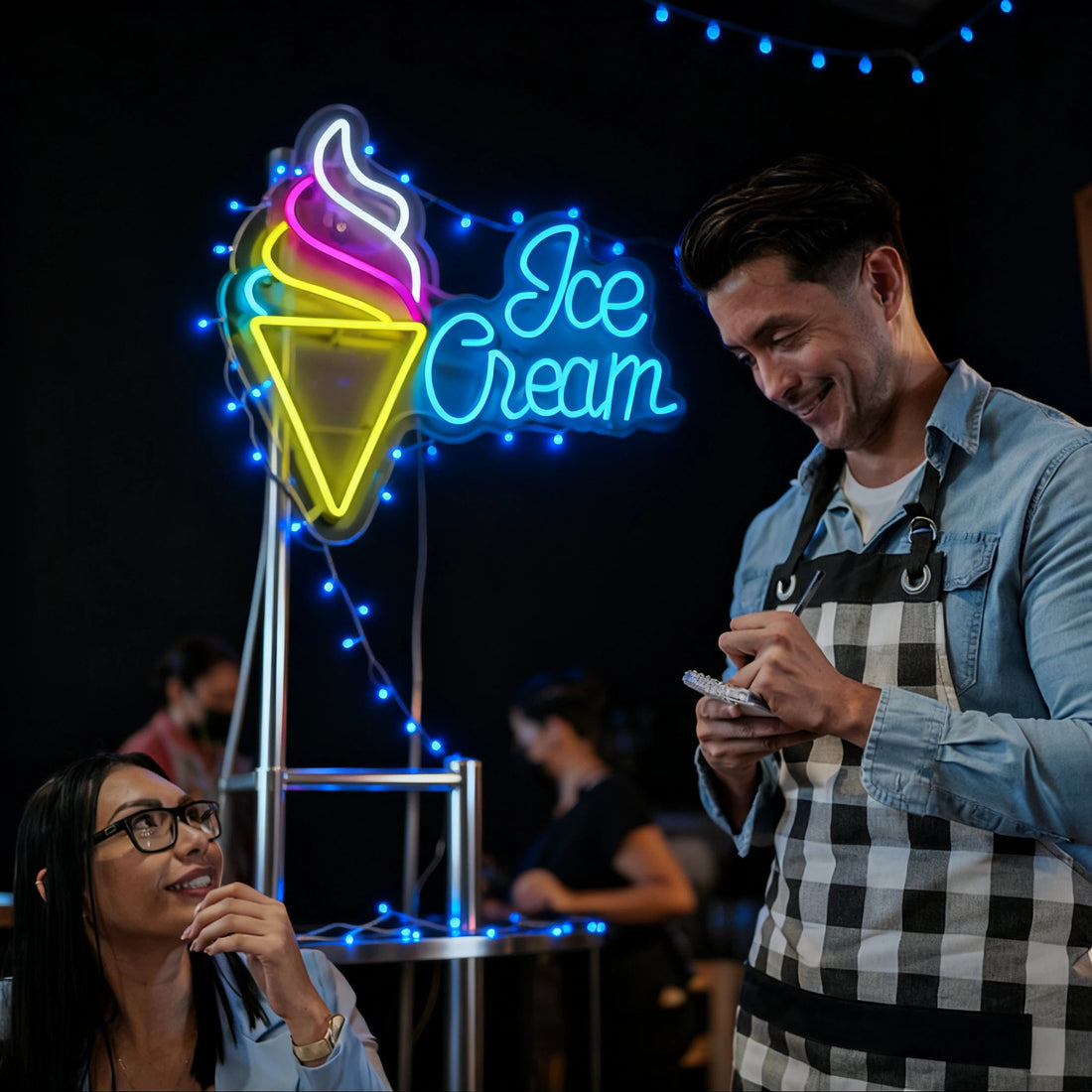 Ice cream shaped LED neon sign with heart on clear backplate, photo 2