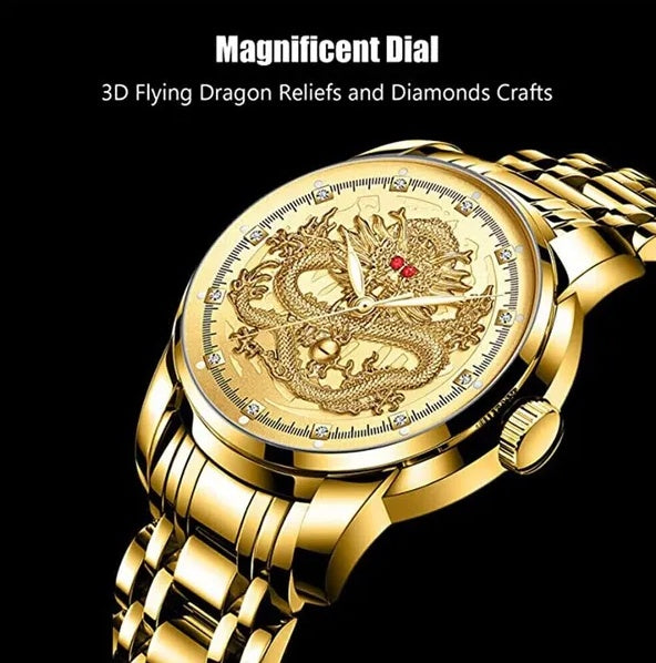 Close-up of the raised dragon relief on the gold-tone watch dial