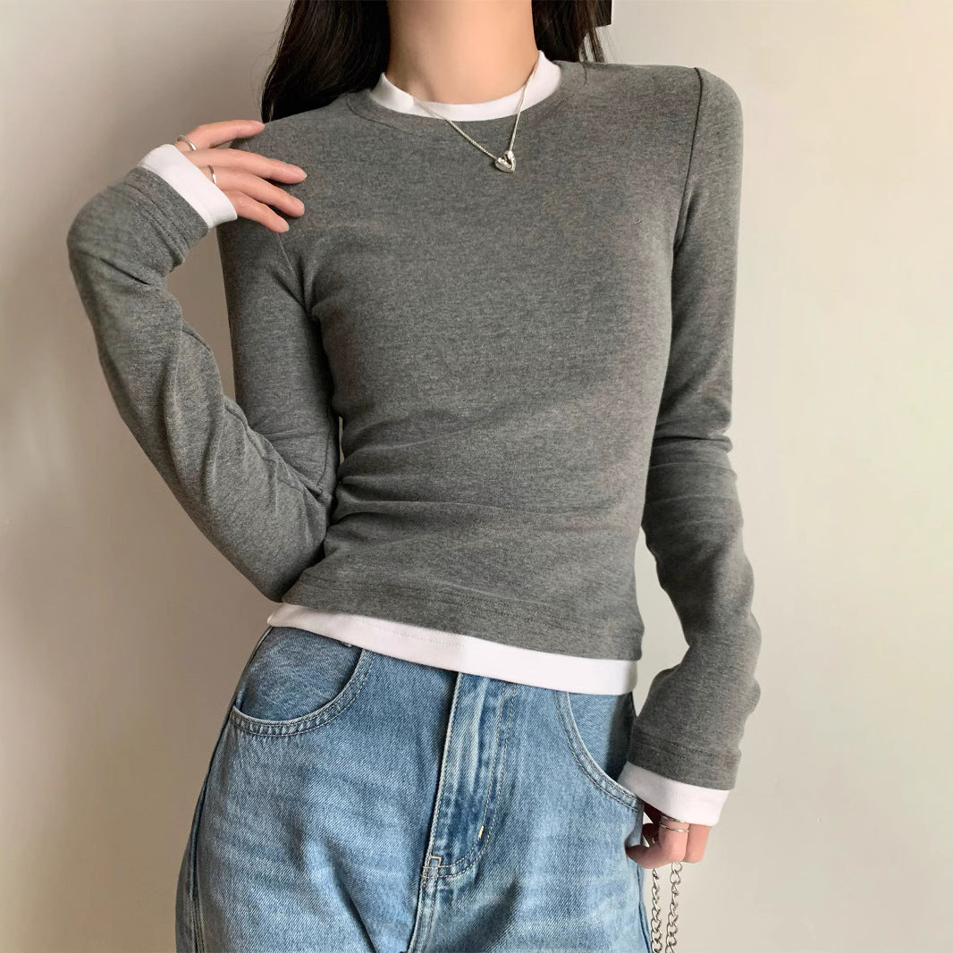 Women's Faux Two-Piece Long Sleeve Slim Fit T-Shirt Tee