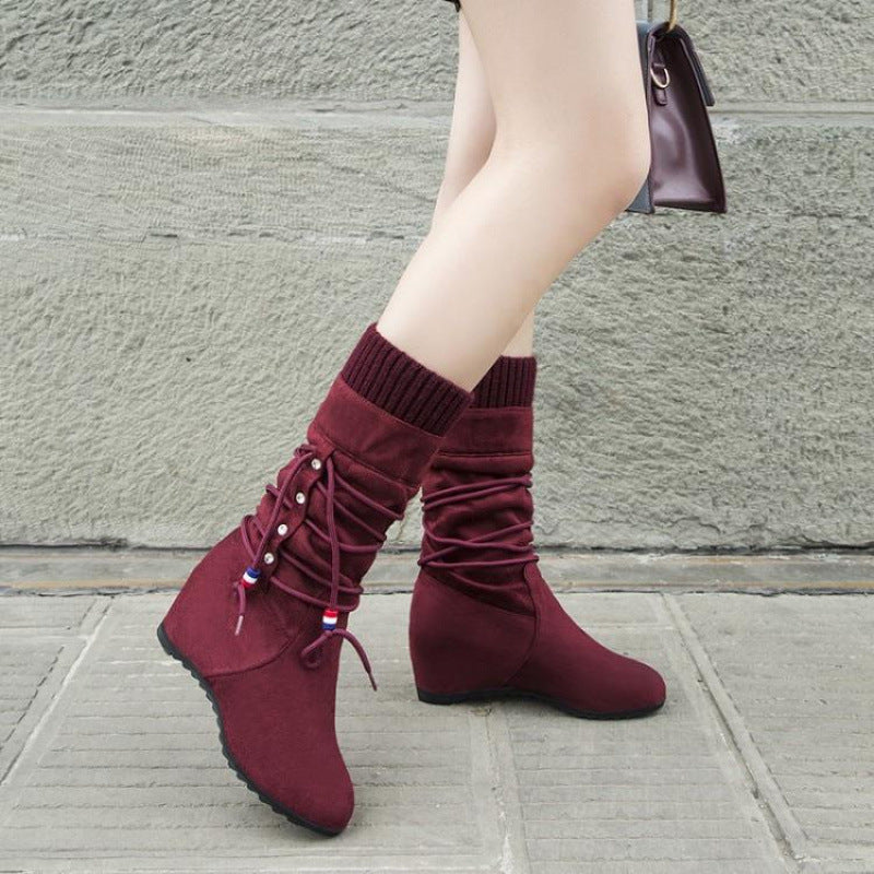 Women's Suede Wedge Mid-Calf Boots with Stretch Fit
