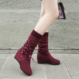 Women's Suede Wedge Mid-Calf Boots with Stretch Fit