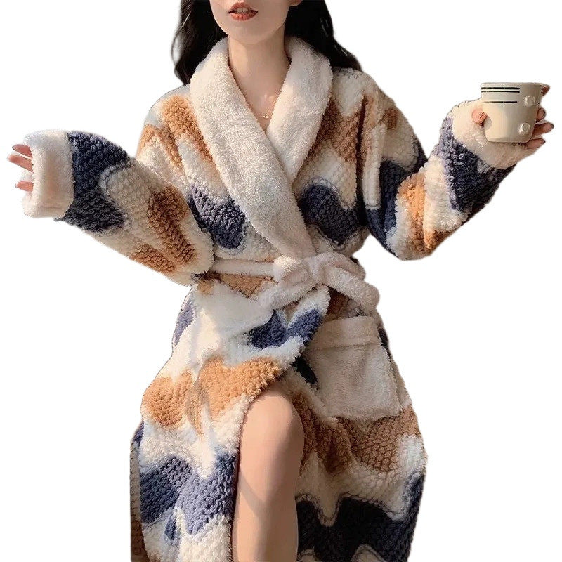 Women's Thickened Coral Fleece Long Robe with Cartoon Pattern Autumn Winter Cozy Nightgown