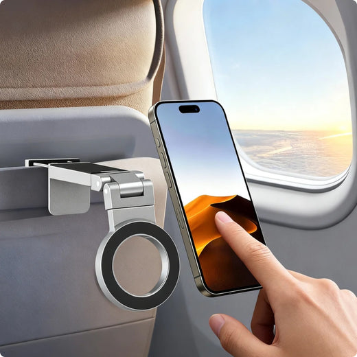 Portable magnetic phone stand with phone in landscape