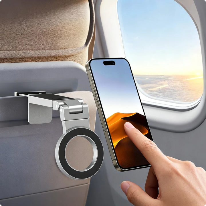 Portable magnetic phone stand with phone in landscape