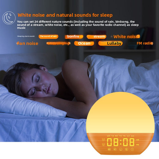 Wood Grain FM Radio Sunrise Wake Up Light Bluetooth Speaker Alarm Clock