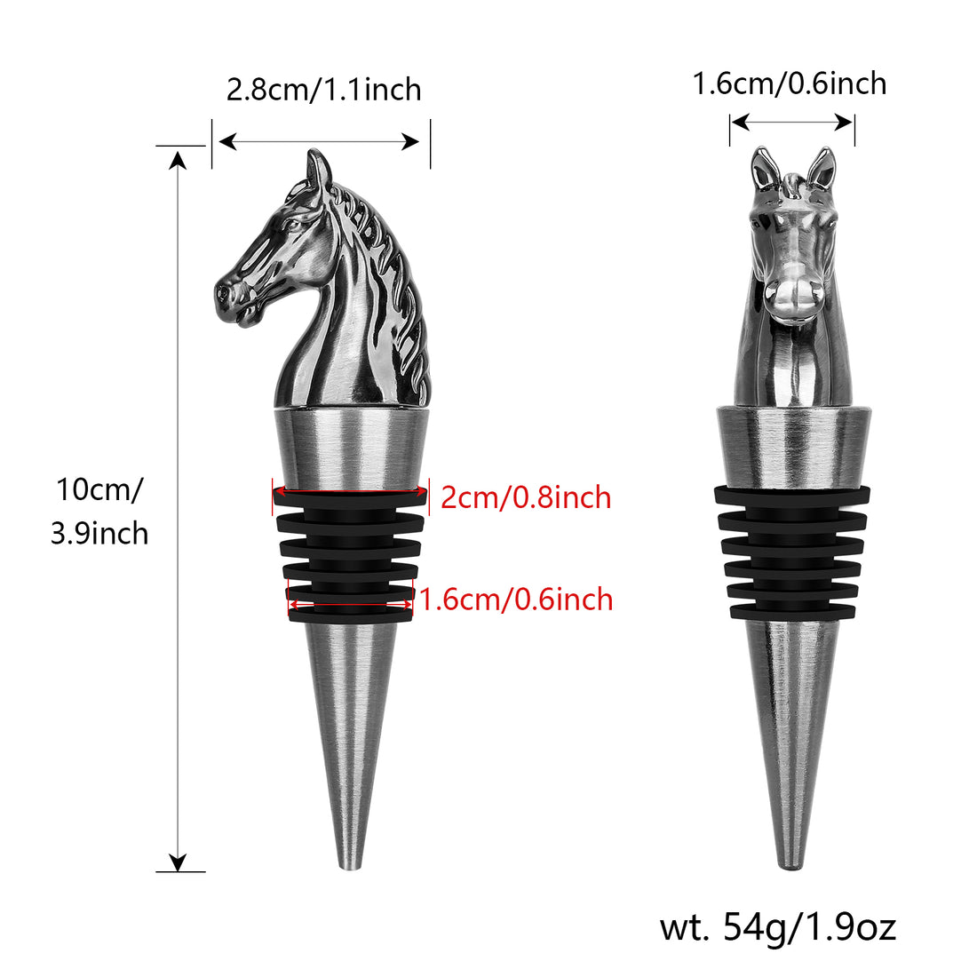 Silver horse head wine stopper dimensions 10 cm tall, 2.8 cm wide, 54 g