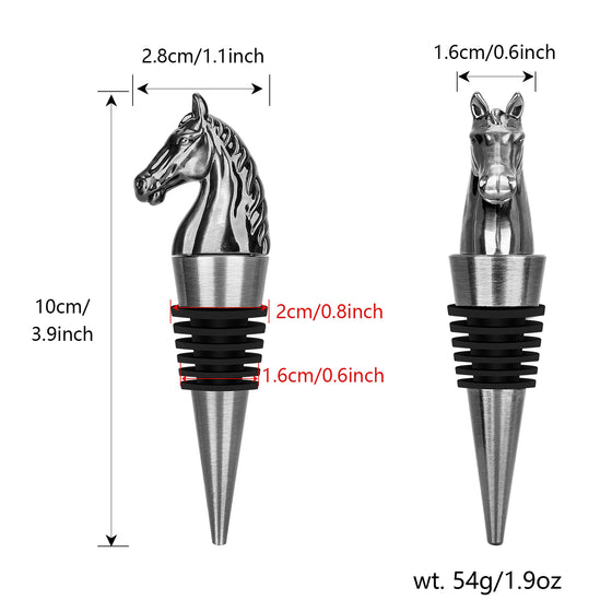 Silver horse head wine stopper dimensions 10 cm tall, 2.8 cm wide, 54 g