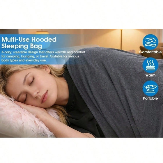 Woman sleeping under a gray multi-use hooded sleeping bag blanket