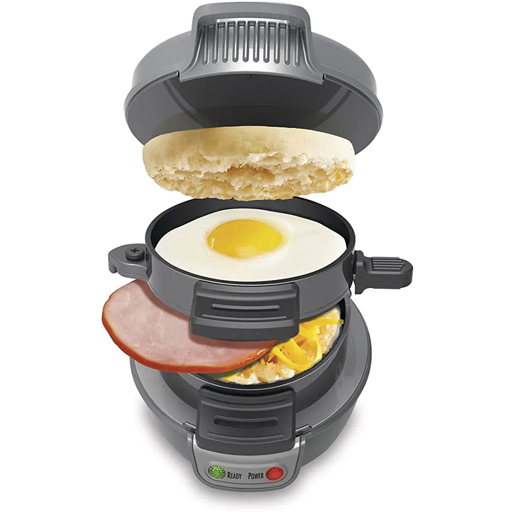 Assembled breakfast sandwich removed from the maker
