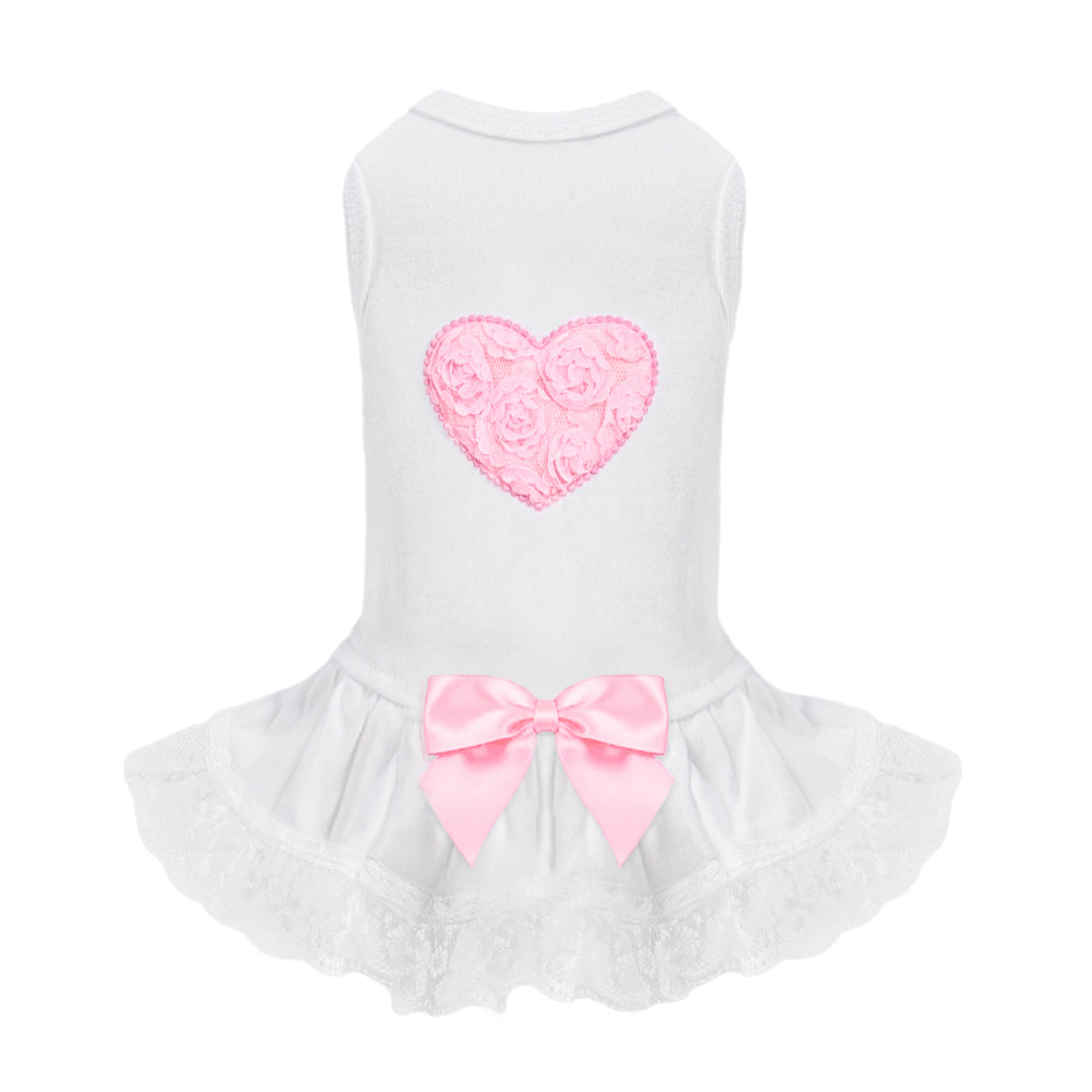 Hello Doggie Laced Puff Heart Dog Dress in pink