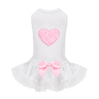 Hello Doggie Laced Puff Heart Dog Dress in pink