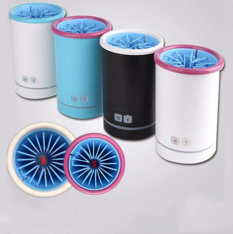 Cylindrical pet paw cleaner cup with a rotating ring of soft silicone bristles inside the rim and a top power button