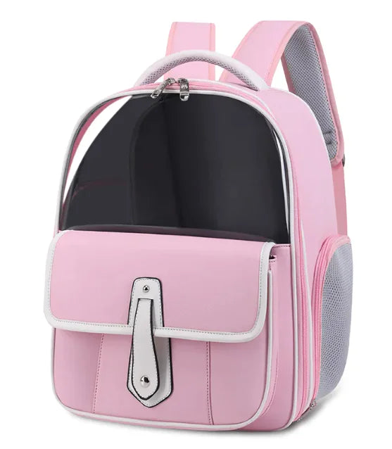 Pink and white PU leather cat backpack carrier with front snap-strap pocket