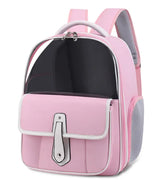Pink and white PU leather cat backpack carrier with front snap-strap pocket