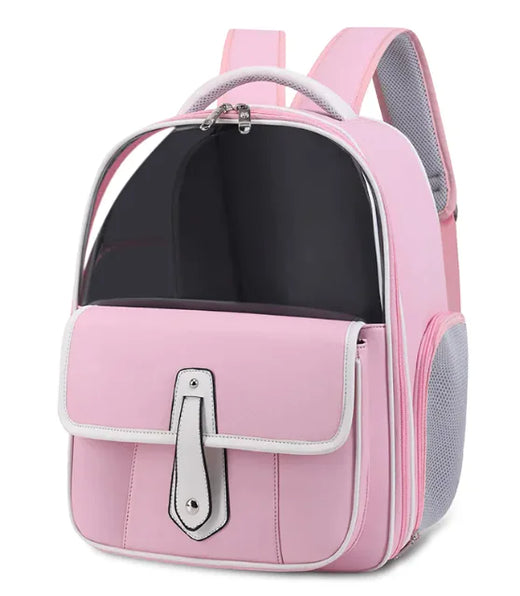 Pink and white PU leather cat backpack carrier with front snap-strap pocket