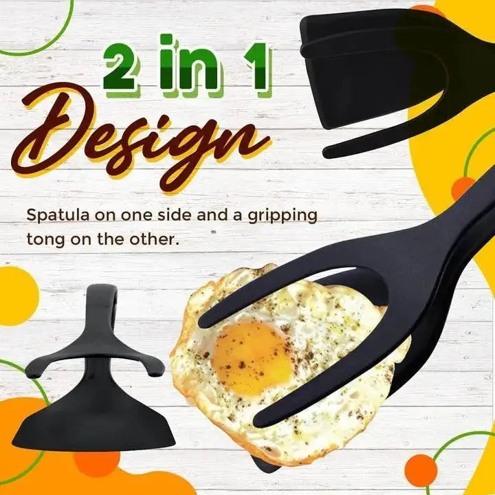 Two-sided kitchen tool with a slotted flat spatula head on one end and fork-tine gripping tongs on the other