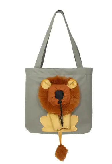 Lion design pet bag shown in the dark gray colorway