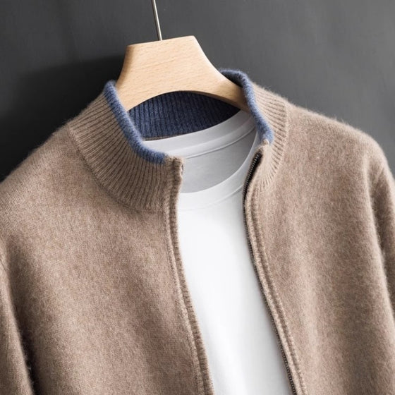 Men's half-neck mock neck sweater in camel, Tibetan blue and gray