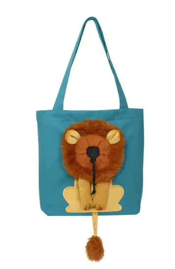 Lion design pet bag shown in the blue colorway