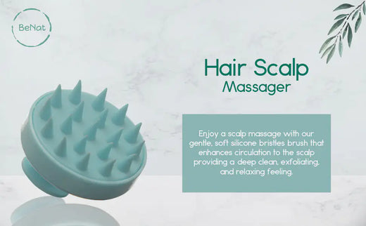 Scalp massager being used in the shower with shampoo