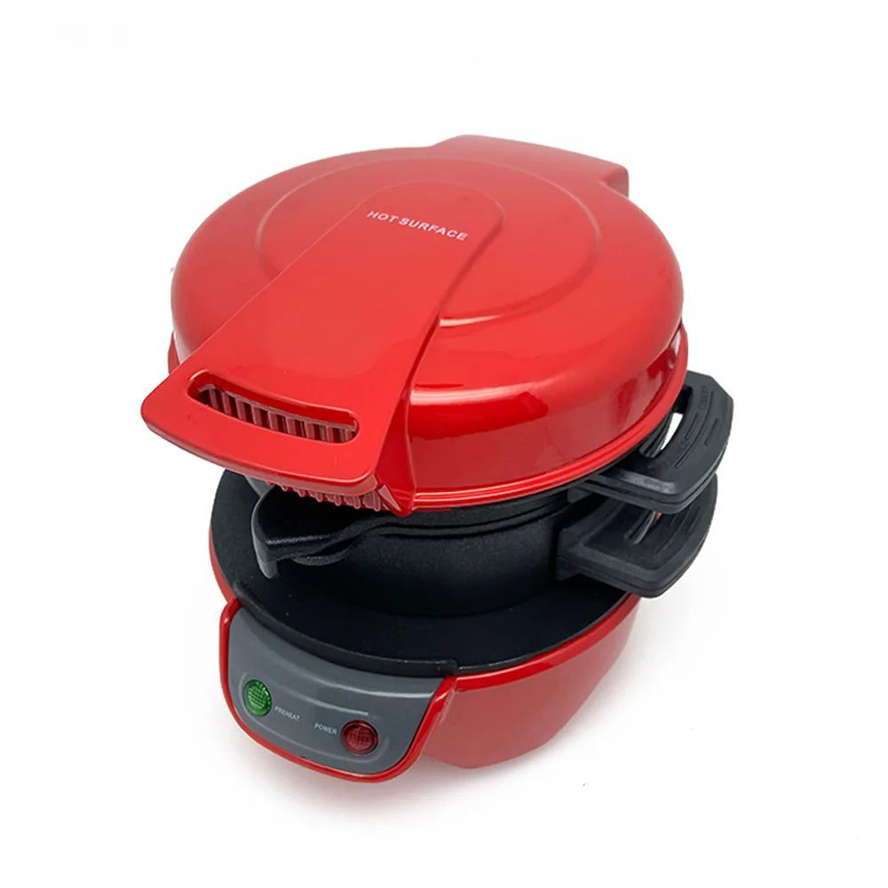 Electric breakfast sandwich maker closed, showing preheat and power indicator lights
