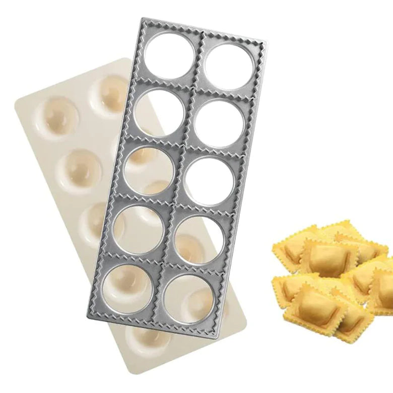 Metal cutter tray and plastic mold tray stacked together with filled ravioli