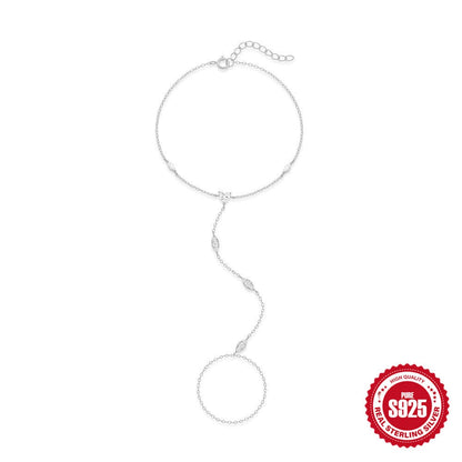Platinum tone S925 hand chain bracelet with white marquise stones and ring loop