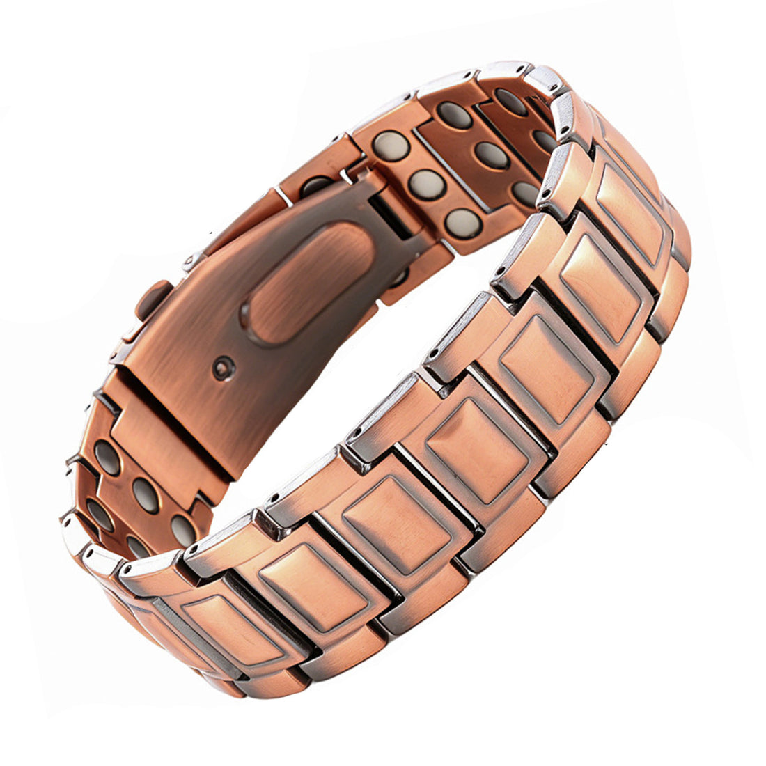 Close-up of carved wheel pattern links on the ancient red copper magnetic bracelet