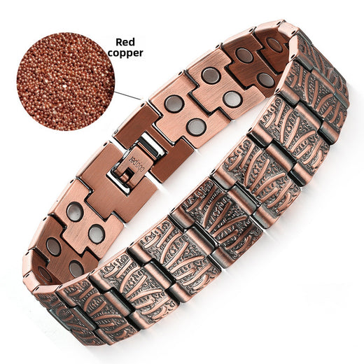 Ancient red copper magnetic bracelet, angled product photo on white background