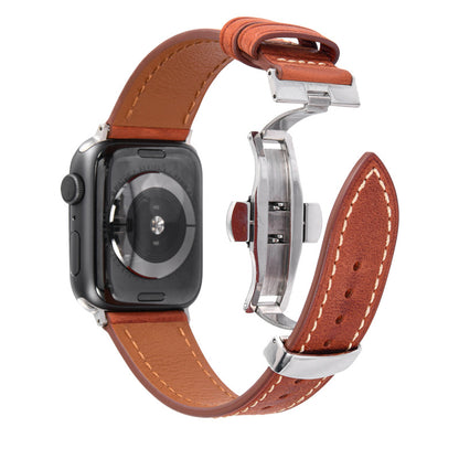 Smartwatch with a brown leather strap on a white background