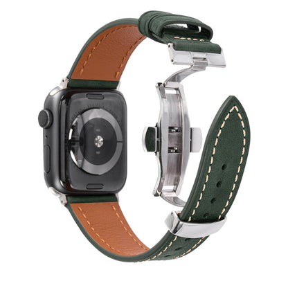 Smartwatch with a green and brown leather strap on a white background