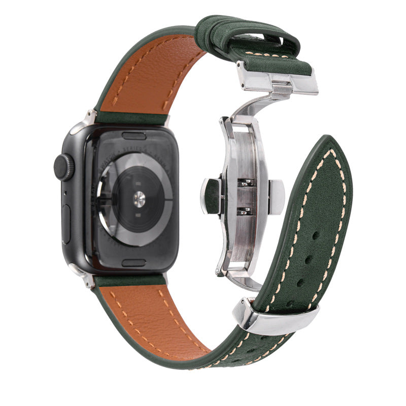 Smartwatch with a green and brown leather strap on a white background