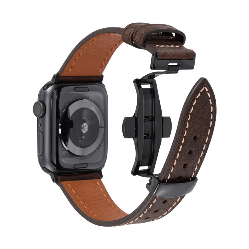 Smartwatch with a brown leather strap on a white background
