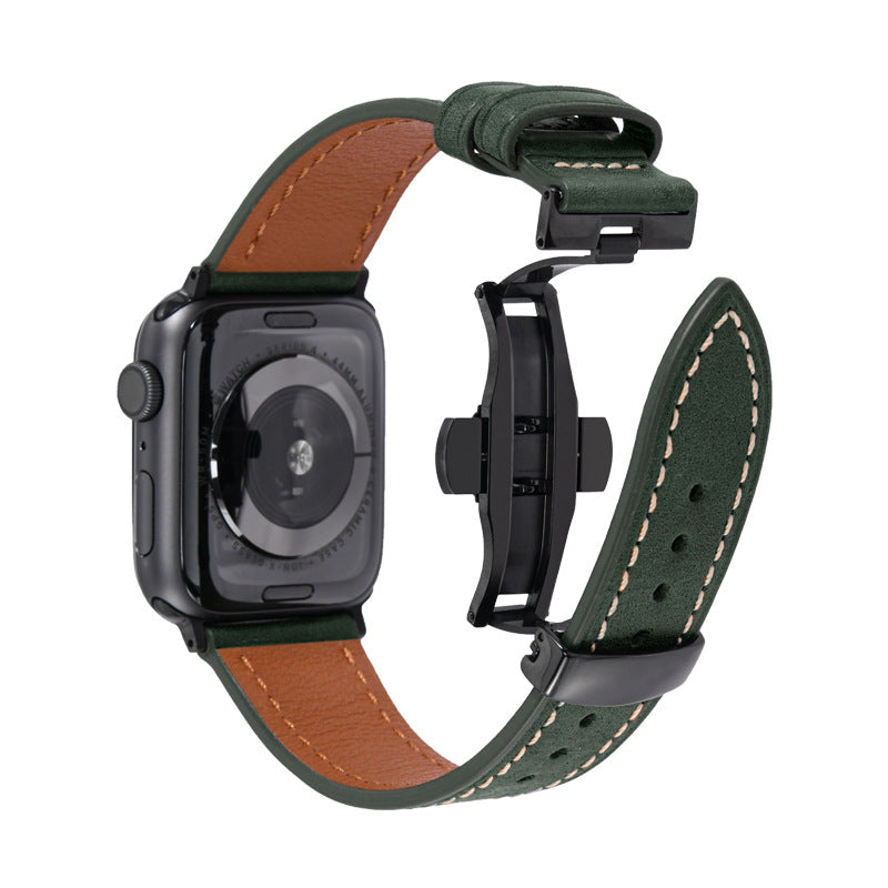Smartwatch with a green and brown leather strap on a white background