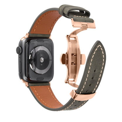Olive green cowhide leather Apple Watch band with rose gold butterfly buckle on a white background