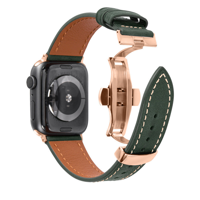 Smartwatch with a green and brown leather strap on a white background