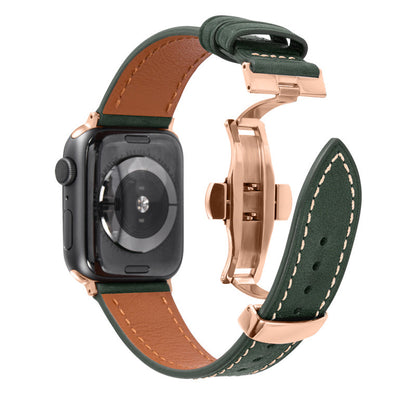 Smartwatch with a green and brown leather strap on a white background