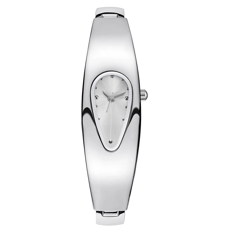 A women's silver-tone metal watch with a unique teardrop-shaped dial and matching curved bracelet, shown against a plain white background.