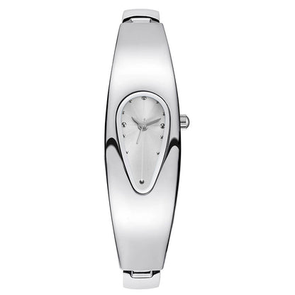 A women's silver-tone metal watch with a unique teardrop-shaped dial and matching curved bracelet, shown against a plain white background.