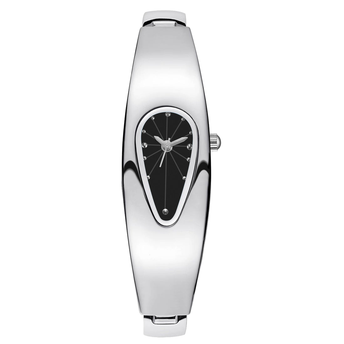 A women's analog watch with a polished silver-tone metal case and bracelet, featuring a unique teardrop-shaped black dial with silver hands and crystal hour markers.