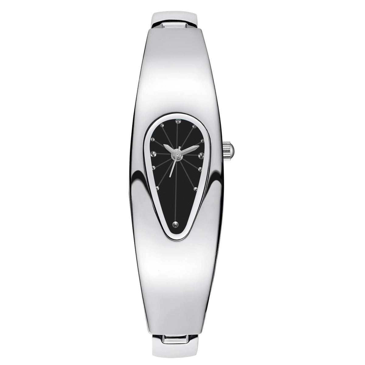 A women's analog watch with a polished silver-tone metal case and bracelet, featuring a unique teardrop-shaped black dial with silver hands and crystal hour markers.