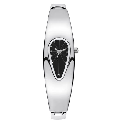 A women's analog watch with a polished silver-tone metal case and bracelet, featuring a unique teardrop-shaped black dial with silver hands and crystal hour markers.