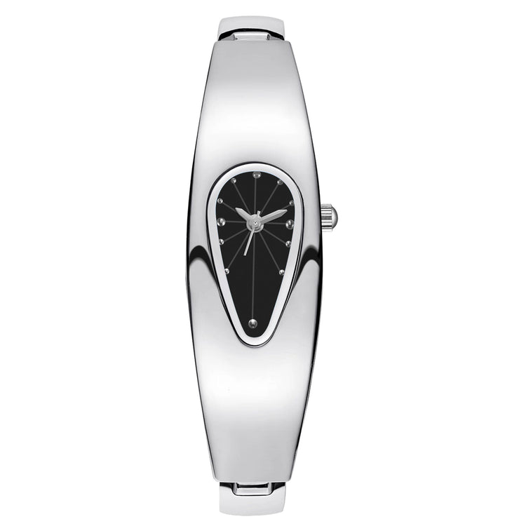 A women's analog watch with a polished silver-tone metal case and bracelet, featuring a unique teardrop-shaped black dial with silver hands and crystal hour markers.