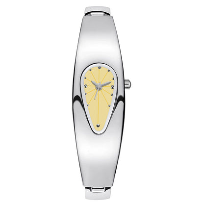 Silver stainless steel water drop watch with golden yellow teardrop dial, product shot on white background
