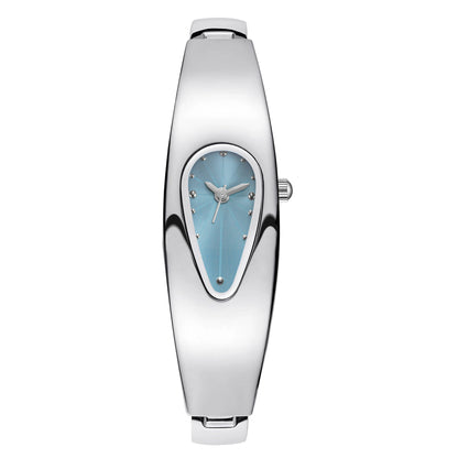 Silver stainless steel water drop watch with light blue teardrop dial, product shot on white background