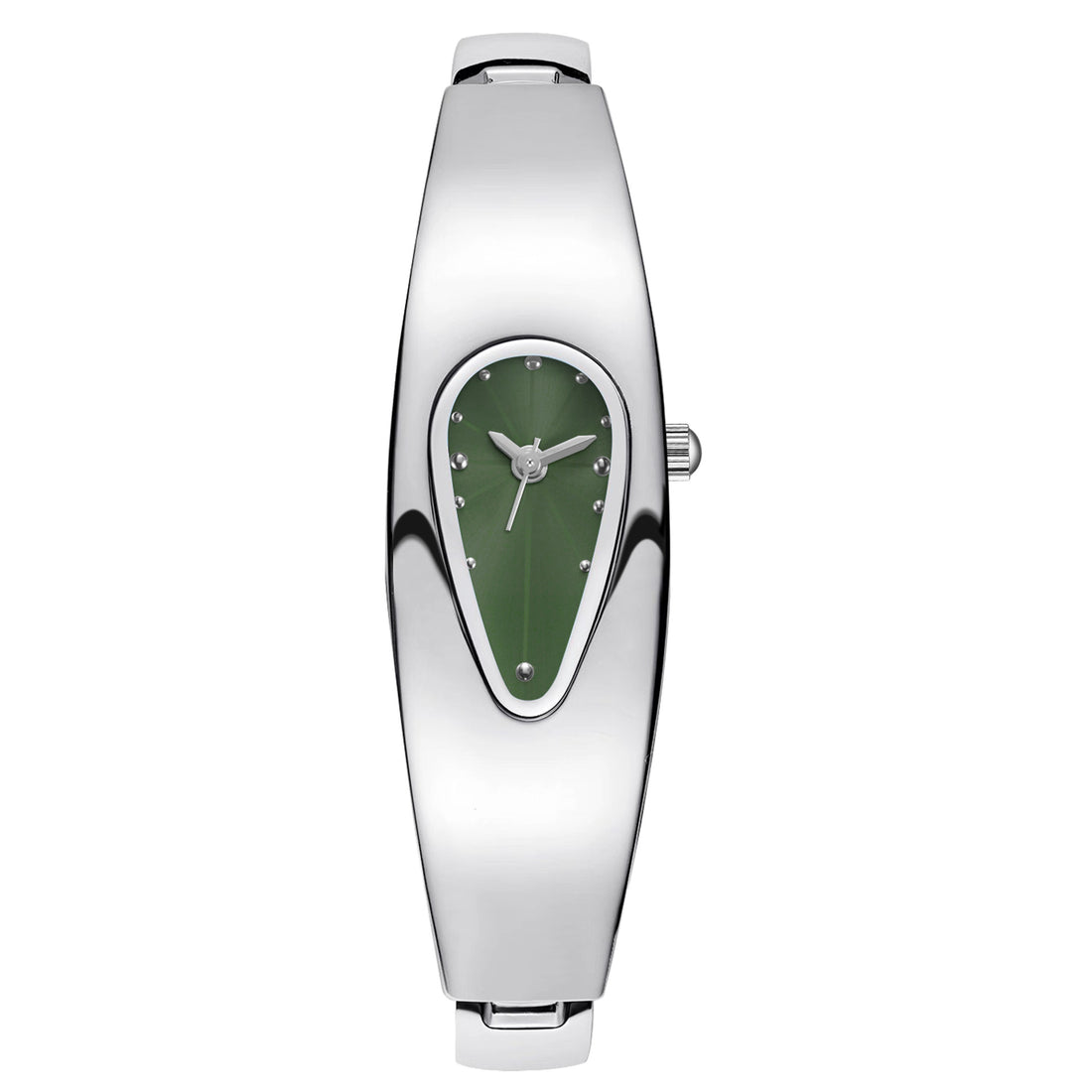 A women's silver-tone metal watch with a curved, elongated rectangular case and a distinctive teardrop-shaped green dial, shown on a plain white background.