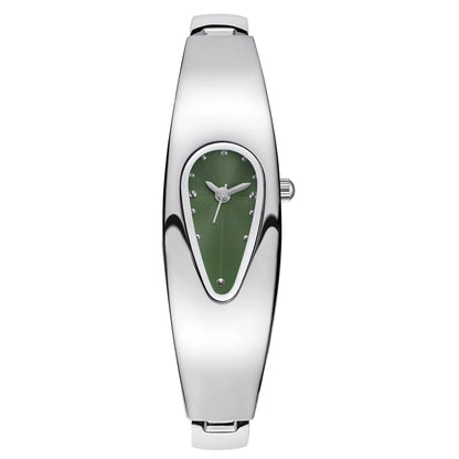 A women's silver-tone metal watch with a curved, elongated rectangular case and a distinctive teardrop-shaped green dial, shown on a plain white background.