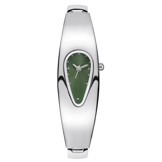 A women's silver-tone metal watch with a curved, elongated rectangular case and a distinctive teardrop-shaped green dial, shown on a plain white background.