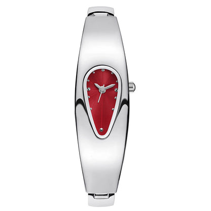 A women's slim analog watch with a polished silver-tone metal case and bracelet, featuring a distinctive teardrop-shaped red dial with silver hands and crystal hour markers.